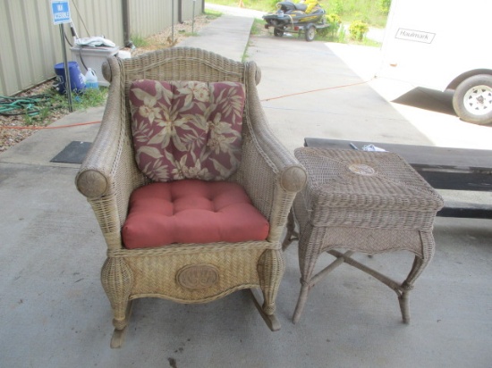 Matching Wicker Look Patio Rocker with Cushion and Table. Weathered.