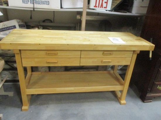 US General Wood Work Bench With Four Drawers, Bottom Shelf, Side Wood Vise.