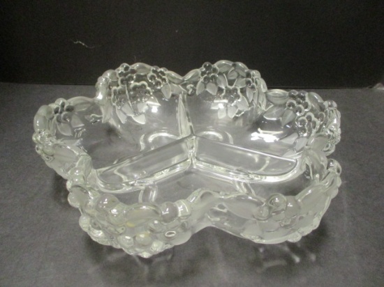Looks Like Mikasa Crystal Divided Dish with Three Sections and Flowers on Edges.
