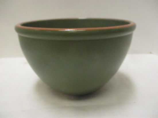 Olive Green Pottery Bowl with Rust Colored Rim.