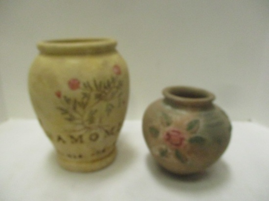 Two Clay Decorative Vases with Pink Flowers.