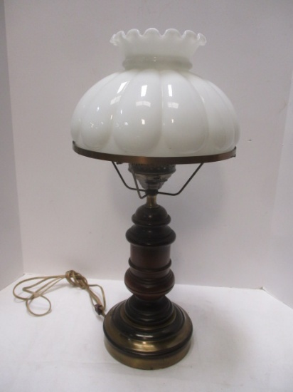 Vintage Wood Hurricane Lamp with Brass Base and White Glass Globe.