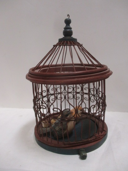 Decorative Tabletop or Hanging Wood Bird Cage with Two Birds.