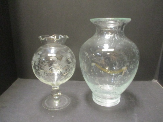 Decorative Etched Glass Footed Vase and Heavy Glass with Bubbles in Glass.