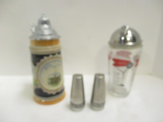 Glass Drink Shaker with Drink Recipes on it, Stainless Salt/Pepper Shakers, Stein.
