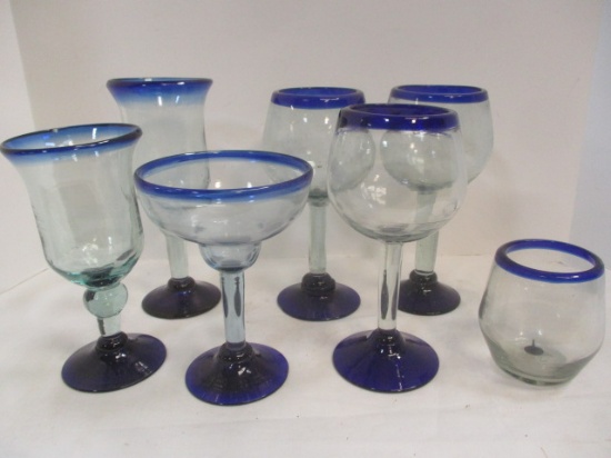 Six Glass Goblets with Royal Blue Rims.