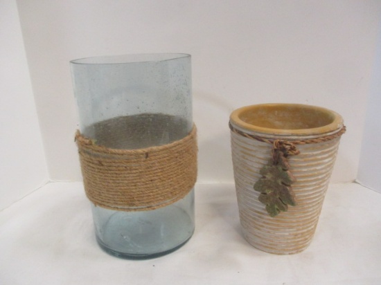 Stone Vase with Polished Stones and Glass Vase with Burlap.