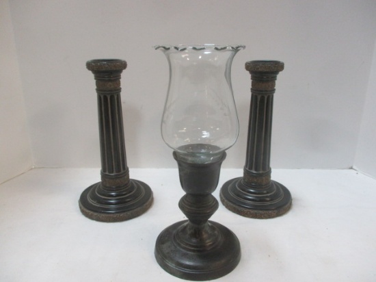 Pair of Wood Decorative Candleholders and Medal with Chimney Made in India.