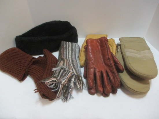 Two Pair Leather Gloves, Size Large Mittens, Knit Scarf, and Winter Hats.
