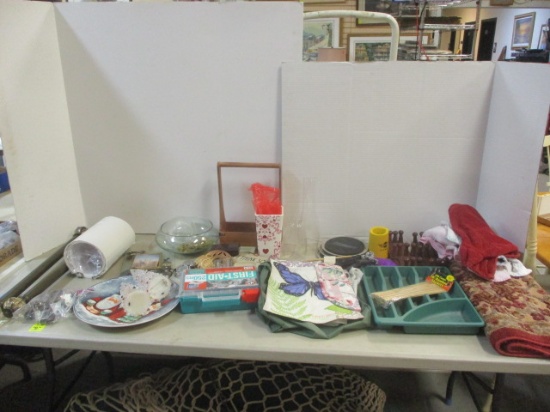Table Lot, Curtain Rods, Decorative Pieces, Rug, First Aid Kit.