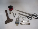 Vintage Scissors, Master Lock with Key, Bottle Openers, Chisel.