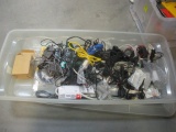 Long Flat Tote with Lid, Full or Cords, Charges, Power Strips, Etc.