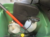 Tote with Lid and Gardening Supplies, Sprayer, Spade, Digger, Hose Nozzles, Etc.