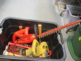 Tote with Tools, Hammers, Hedge Trimmer and Skill Saw Untested.