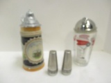 Glass Drink Shaker with Drink Recipes on it, Stainless Salt/Pepper Shakers, Stein.