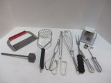 Box of Assorted Kitchen Gadgets, Potato Masher, Wisk, Magnetic Measuring Sup, Etc.