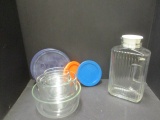 Six Clear Glass Pyrex Bowls, Four Lids and Glass Two Quart Pitcher.