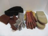 Two Pair Leather Gloves, Size Large Mittens, Knit Scarf, and Winter Hats.