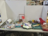 Table Lot, Curtain Rods, Decorative Pieces, Rug, First Aid Kit.