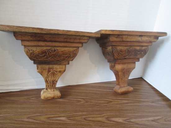 Pair of Carved Light Wood Display Shelves