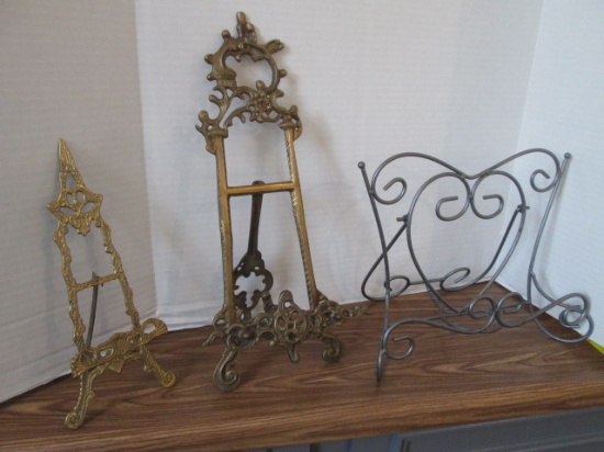 Two Brass Table Top Easels and Wrought Metal Book Stand
