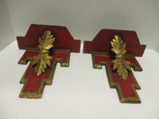 Pair of Red Gilt Display Shelves with Acanthus Leaf Accents
