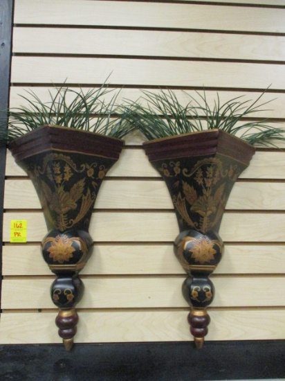 Pair of Neoclassical Design Ceramic Wall Pockets with Artificial Greenery