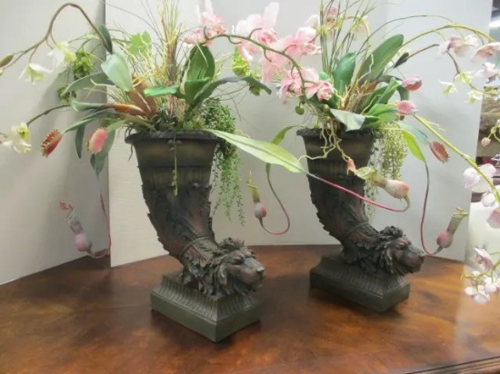 Sculpted Lion Head Cornucopia Planters with Artificial Exotic Tropical Floral Arrangements