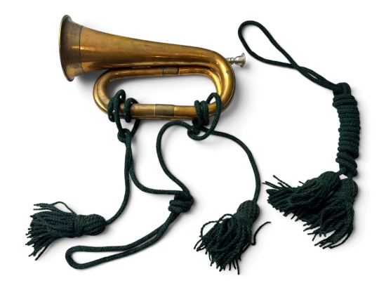 WWI British Brass/Copper Bugle Instrument w/ Green Wool Cord & Tassels
