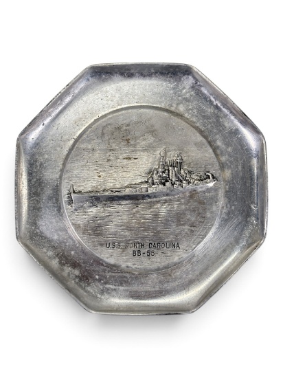 Vintage USS North Carolina BB-55 Commemorative Pewter Ashtray / Memorabilia Dish