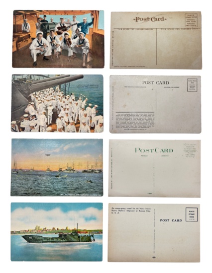 Vintage US Navy Postcard Collection (4 Pieces) – 1907-WWII Battleships, Sailors & Shipyards