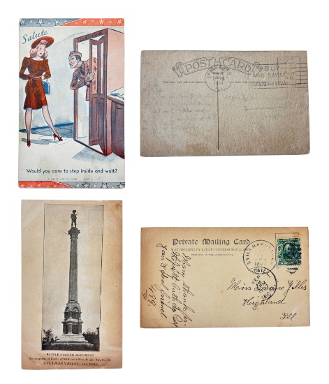 Early 1900s & WWII Postcard Lot (2 Pieces) – 1907 Black Hawk War PMC & 1941 Military Humor