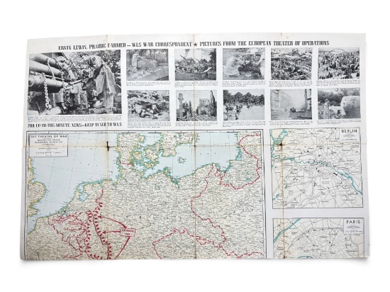 WWII WLS Radio News Map Poster – Ervin Lewis War Correspondent & Armed Forces Insignia