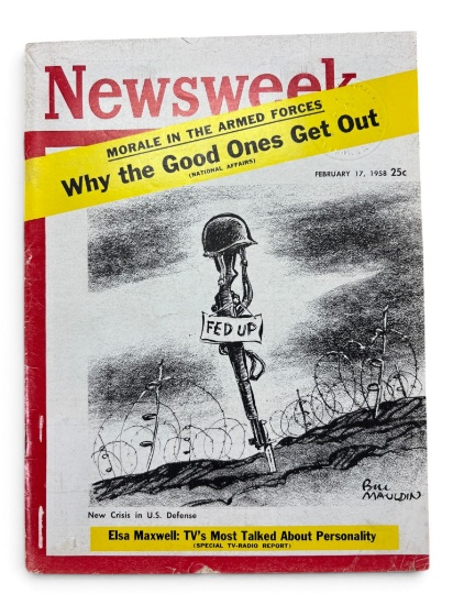 Vintage Feb. 17th 1858 Newsweek Magazine – Bill Mauldin Military Cover w/ Vintage Car & Whiskey Ads