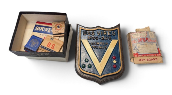 Bringback Military Memorabilia: USS Vireo Plaque, WWII Jeep Board Game & Matchbooks