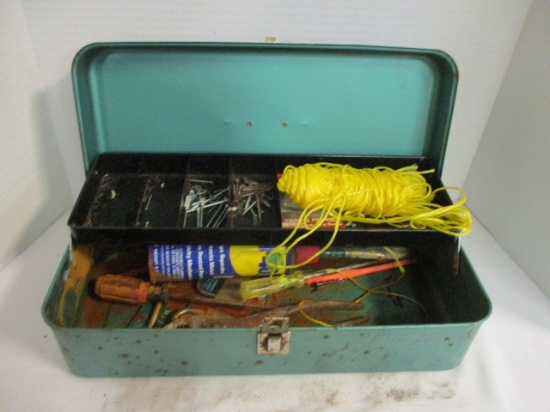 Vintage Metal Tool Box with Wrench, Screwdriver, Nails, Padlock, etc.