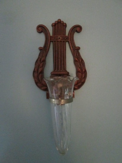 Midcentury Syroco Wood Harp Shaped Wall Sconce Vase Holder with Glass Vase Insert