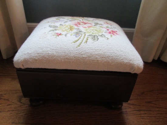 Mahogany Finish Storage Footstool with Needlepoint Cushion