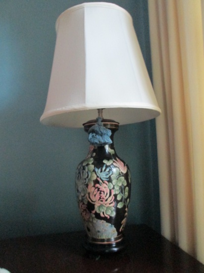 Black Porcelain Chinoiserie Style Floral Vase Lamp with Wood Base and Brass Finial
