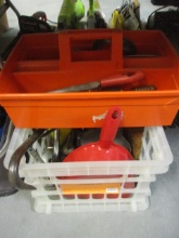 Lot of Tools and Accessories in Plastic Crate and Carrying Tote - Screwdrivers,