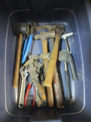 Lot of Vintage Hammers and Mallets in Rubbermaid Storage Container