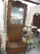 Antique Hall Tree w/Storage Bench & Mirror