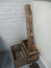 Two Old Wooden Crates and Three Wooden Levels