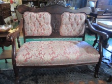 Antique Mahogany Victorian Settee with Carved Acanthus Leaf Accents