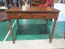 Primitive Antique Solid Wood 2 Drawer Desk with Turned Bobbin Legs