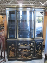 Midcentury Drexel Ebonized Chinoiserie 1 Piece Bowfront China Hutch