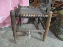 Antique Wood Foot Stool with Conveyor Belt Seat