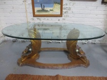 Hollywood Regency Nautical Clam Shell Base Oval Glass Top Coffee Table