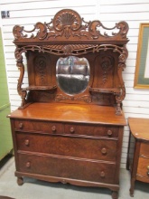 2 Piece Antique Flame Mahogany Server with Ornate Victorian Oak Mirror Hutch