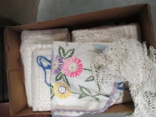 Grouping of Vintage Doilies, Lace Table Cloths, Runners and Embroidered Apron